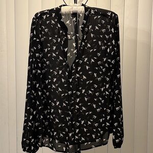 Forever 21 Black Sheer Bird-Print Button Front Blouse